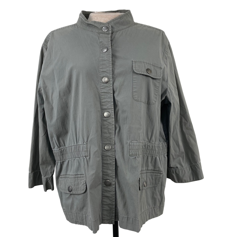Chicos Sage Green Utility Jacket Mock Neck Snap Front Cinched Waist Size 3 (XL)
